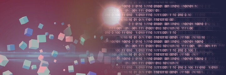 Computer code and multicolor geometric shapes against gradient background, program coding concept