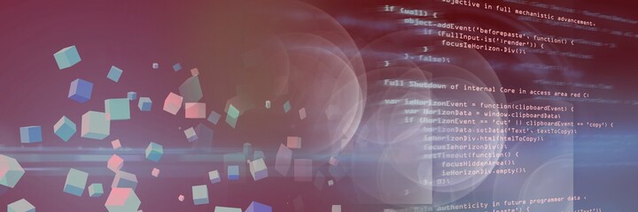 Computer code and multicolor geometric shapes against gradient background, program coding concept