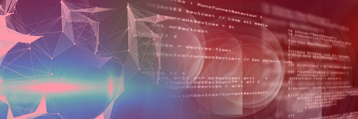Computer code and network of connections over gradient background, program coding concept