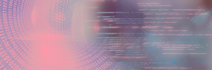 Computer code funnel and data processing against gradient background, program coding concept
