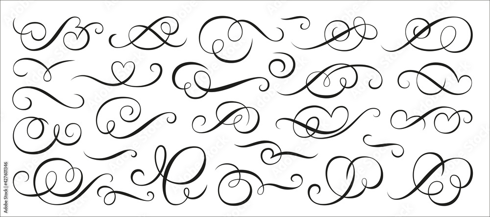 Calligraphic swirl ornament, line style flourishes set. Filigree vignette ornamental curls. Decorative design elements for menu, certificate, diploma, wedding card, invatation, outline text divider - obrazy, fototapety, plakaty 