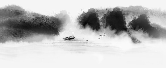  Landscape background illustration of new Chinese ink painting