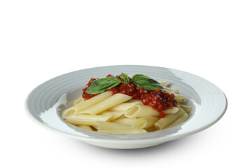 Plate with pasta with tomato sauce isolated on white background