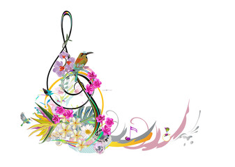 Abstract treble clef decorated with summer and spring flowers, palm leaves, notes, birds. Hand drawn musical vector illustration.