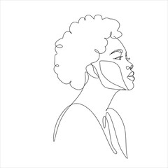 Wall Mural - Line Art Woman Face Drawing. Black Woman Vector. Afro American Female Logo. Contouring Line. Minimalist Face. Beauty salon