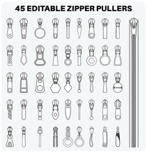 Zipper Pullers Flat Sketch Vector Illustration Set, Different Types Of Zip Pull For Fasteners, Dresses Garments, Bags, Fashion Illustration, Clothing And Accessories