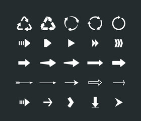 Poster - Set of different shape arrows isolated on black background. Vector illustration. Arrow icons.