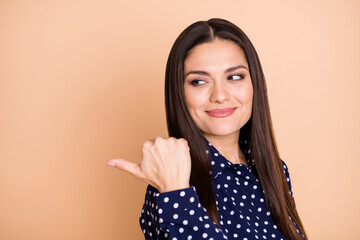 Sticker - Profile portrait of pretty lady look direct finger empty space proposition isolated on beige color background