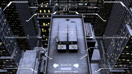 Poster - Futuristic digital 3d rendering building night time ai scan monitor display