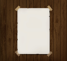 Wall Mural - White blank paper poster hanging on wooden wall