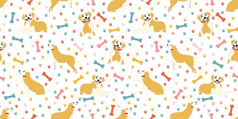 Wall Mural - Seamless pattern with puppies. Pets digital paper. Pattern for children's textiles and clothing. DOGS LABRADOR FIGURE. Vector illustration