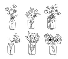 Set Of Cute Hand Drawn Flowers In Jars.
