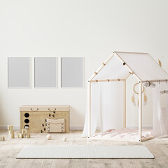 Wall Mural - poster frame mock up in indian style kids room interior with tent, children's chest of drawers and t