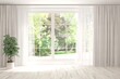 © AntonSh - White empty room with summer landscape in window. Scandinavian interior design. 3D illustration