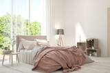 Fototapeta  - Stylish bedroom in white color with summer landscape in window. Scandinavian interior design. 3D illustration