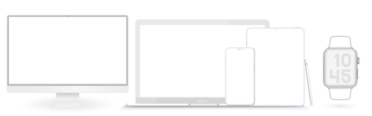 Poster - Set of modern clay devices mockups: PC, laptop, computer, tablet, phone and watch. Vector illustration