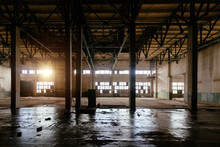 Old Abandoned Large Industrial Hall. Empty Warehouse