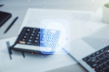 Poster - Abstract virtual fingerprint illustration on blurry calculator and computer background, personal biometric data concept. Multiexposure