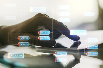 Aufkleber - Multi exposure of abstract software development hologram and finger presses on a digital tablet on background, research and analytics concept