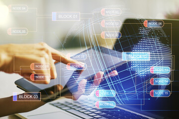 Poster - Multi exposure of abstract graphic coding sketch with world map and hand working with a digital tablet on background, big data and networking concept