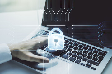 Aufkleber - Creative lock illustration with microcircuit and hands typing on computer keyboard on background, cyber security concept. Multiexposure