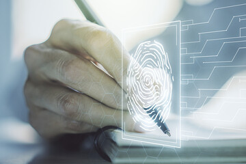 Poster - Abstract creative fingerprint illustration with woman hand writing in diary on background, personal biometric data concept. Multiexposure