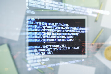 Poster - Multi exposure of abstract creative coding sketch and modern digital tablet on background, top view, artificial intelligence and neural networks concept