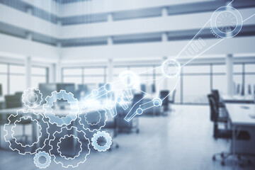 Poster - Abstract virtual robotics technology hologram on a modern furnished office background. Robot development and automation concept. Multiexposure