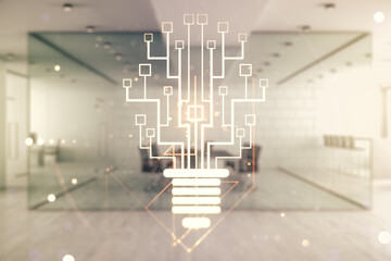 Poster - Virtual creative light bulb with chip hologram on a modern furnished office interior background, artificial Intelligence and neural networks concept. Multiexposure