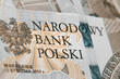 Close up on national polish bank of new Polish banknotes five hundred zloty. Macro photo of narodowy bank polski sign on PLN bill. Shallow focus. Close-up with fine and sharp texture