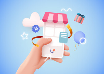 Hand holding mobile smart phone with shopp app. Online shopping concept.