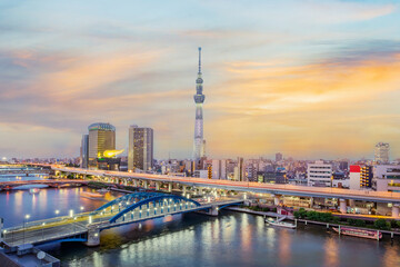 Wall Mural - Cityscape of Tokyo skyline, panorama view of office building at Sumida river in Tokyo in the evening. Japan, Asia.