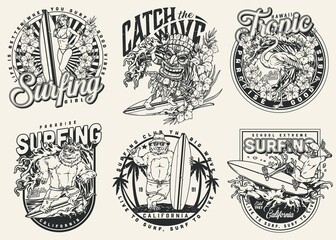 Poster - Vintage monochrome surfing badges