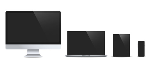 Aufkleber - Set of realistic modern devices - desktop computer monitor, laptop, tablet, smartphone. Electronic gadgets isolated on white background. Mock up template for your design. Vector illustration