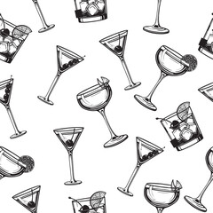 Cocktails seamless pattern alcoholic daiquiri, old fashioned, manhattan, martini, sidecar glass hand drawn engraving vector illustration. Isolated black and white vintage style	