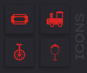 Poster - Set Circus fire hoop, ticket, Toy train and Unicycle or one wheel bicycle icon. Vector