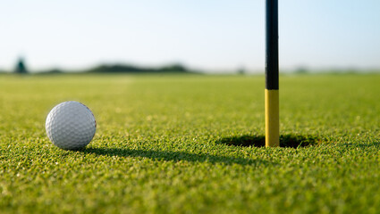 golfed ball on golf course of green grass