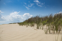 Sand Dunes And White Sand With Blue Sky And White Clouds In Background