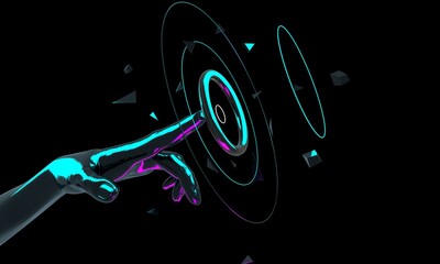 Fototapete - Touch Future. Innovations  systems people and robots devices.  Technologies in automatics cyborg systems and computers industry from awesome internet developments. 3d geometry illustration
