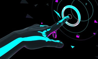 Fototapete - Touch Future. Innovations  systems people and robots devices.  Technologies in automatics cyborg systems and computers industry from awesome internet developments. 3d geometry illustration
