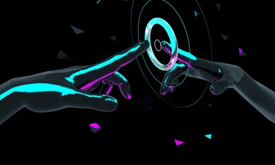 Fototapete - Touch Future. Innovations  systems people and robots devices.  Technologies in automatics cyborg systems and computers industry from awesome internet developments. 3d geometry illustration
