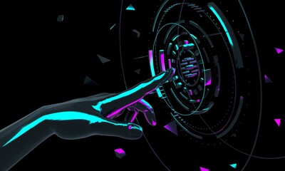 Fototapete - Touch Future. Innovations  systems people and robots devices.  Technologies in automatics cyborg systems and computers industry from awesome internet developments. 3d geometry illustration
