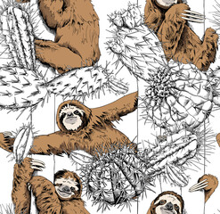  Seamless pattern. Funny brown Sloth and a Cactus plants. Textile composition, hand drawn style print. Vector illustration.
