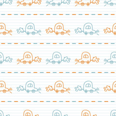 Sticker - Cute rainbow scribble car kids doodle background. Hand drawn whimsical motif seamless pattern. Naive simple happy character cartoon for minimal baby fashion, nursery decor, neutral unisex.