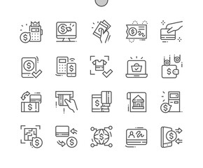 Wall Mural - Payment method elements. Payment by phone. Wallet and e-shopping. Digital, customer, purchase, paying, ecommerce and transaction. Pixel Perfect Vector Thin Line Icons. Simple Minimal Pictogram