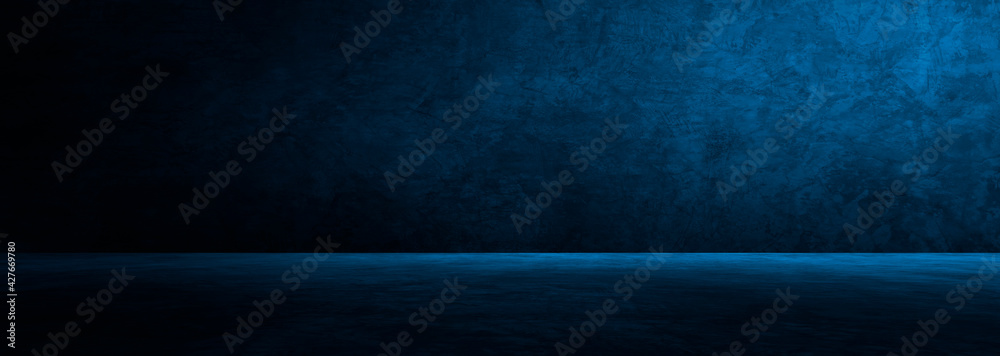 Blue concrete wall and floor with light and shadow backgrounds, use for product display for presentation, banner cover. - obrazy, fototapety, plakaty 