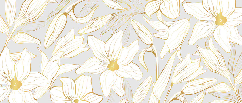 Vector background with gold plants in the style of line art on a gray background. Golden lily flowers.
