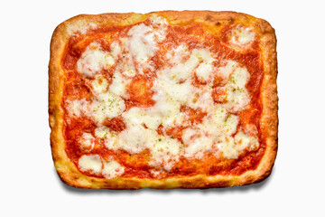 Square crust  pizza with tomato sauce and mozzarella cheese isolated on white background, top view flat lay