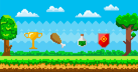 Poster - Pixel art game background with reward object in air. Pixel-game scene with grass, trees and awards
