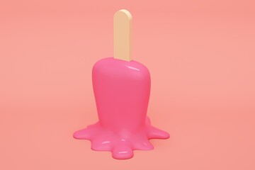 Poster - Shiny yummy ice cream with stick melted on pink background with overhead light. 3d rendering